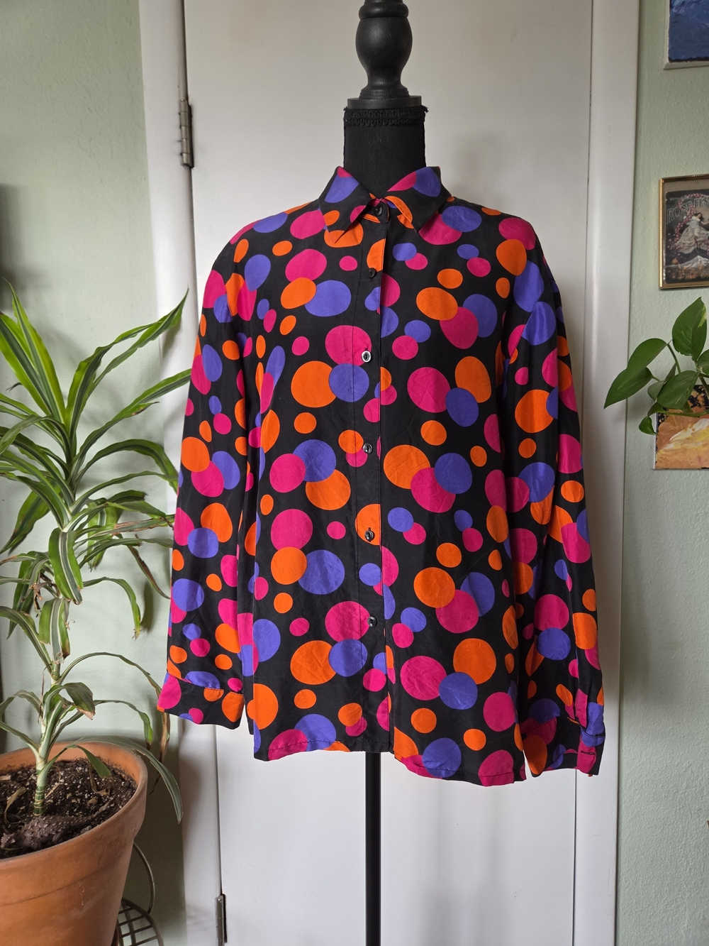 Easy Spirit Silk Shirt with Pink, Orange & Purple Polka Dots
